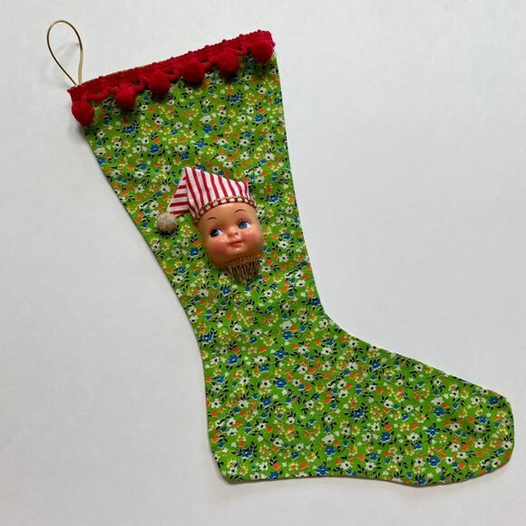 Christmas Stocking with Dolly Face Holiday Decor Xmas Vintage Handmade - Picture 2 of 5